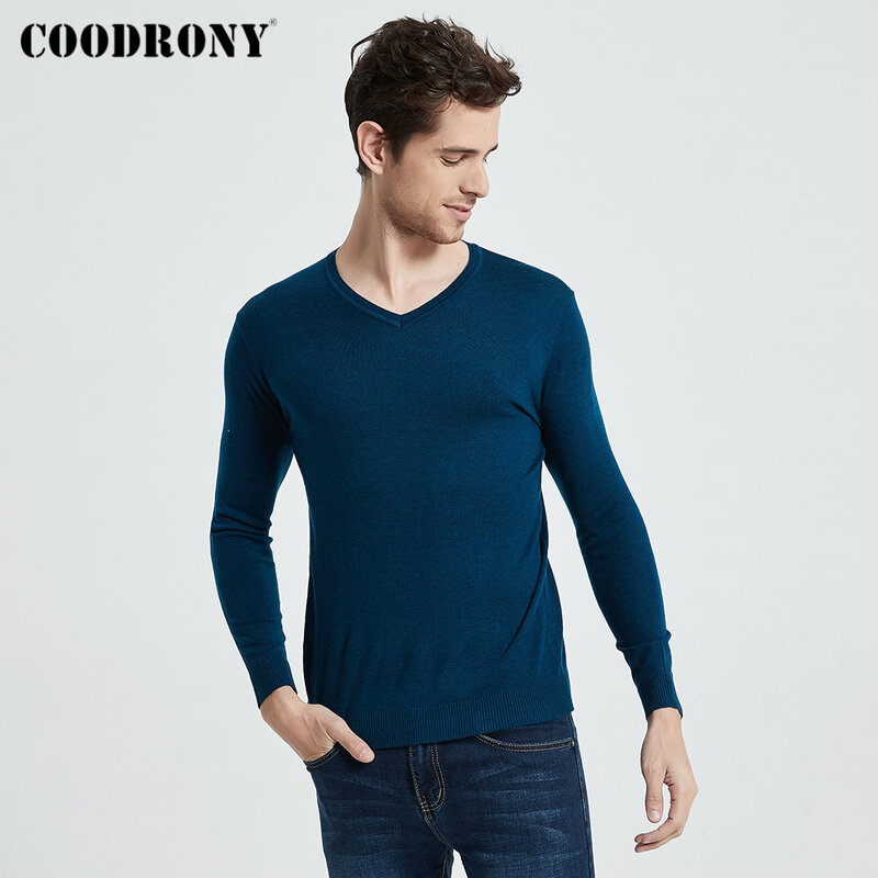 COODRONY Brand Sweater Men Spring Autumn V-Neck Pull Homme Soft Cotton Wool Pullover Men Pure Color Knitwear Mens Sweaters C1046