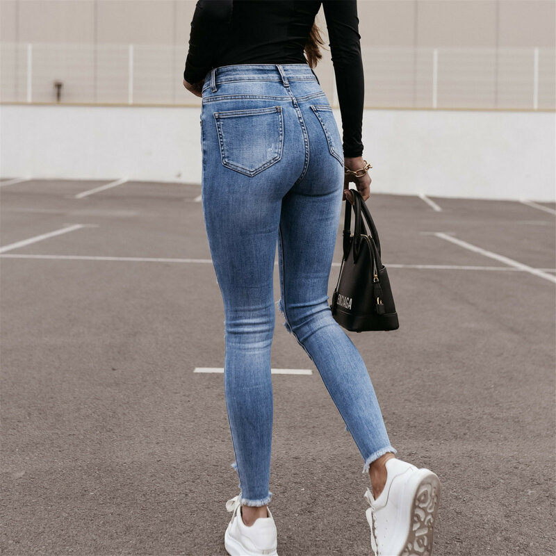 Niebieskie porwane dżinsy dla kobiet 2021 Street Style seksowne spodnie z wysokim stanem Stretch mały rozmiar, z rozcięciem szczupłe spodnie jeansowe ołówkowe Streetwear
