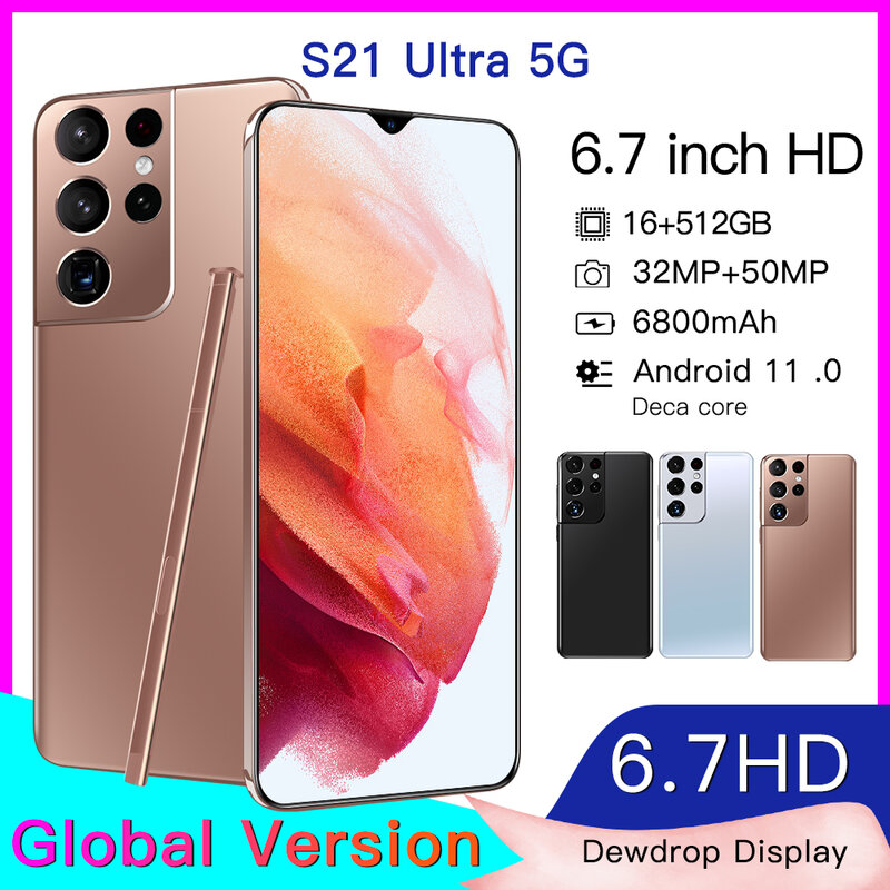 ขายร้อน S21 Ultra Global Version สมาร์ทโฟน16GB 512GB ซิมการ์ด6800MAh Face ลายนิ้วมือปลดล็อค32MP 50MP กล้อง Android11