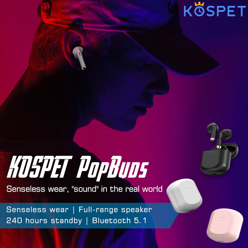 KOSPET PopBuds écouteurs sans fil Bluetooth 5.1 TWS avec boîte de chargement, oreillettes de sport étanches avec Microphone