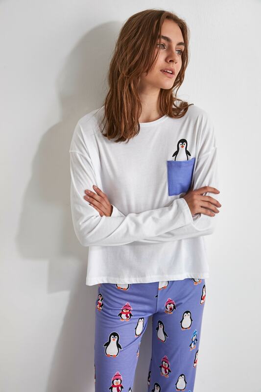 Trendyol pingwin drukowane dzianiny piżamy zestaw THMAW21PT0307