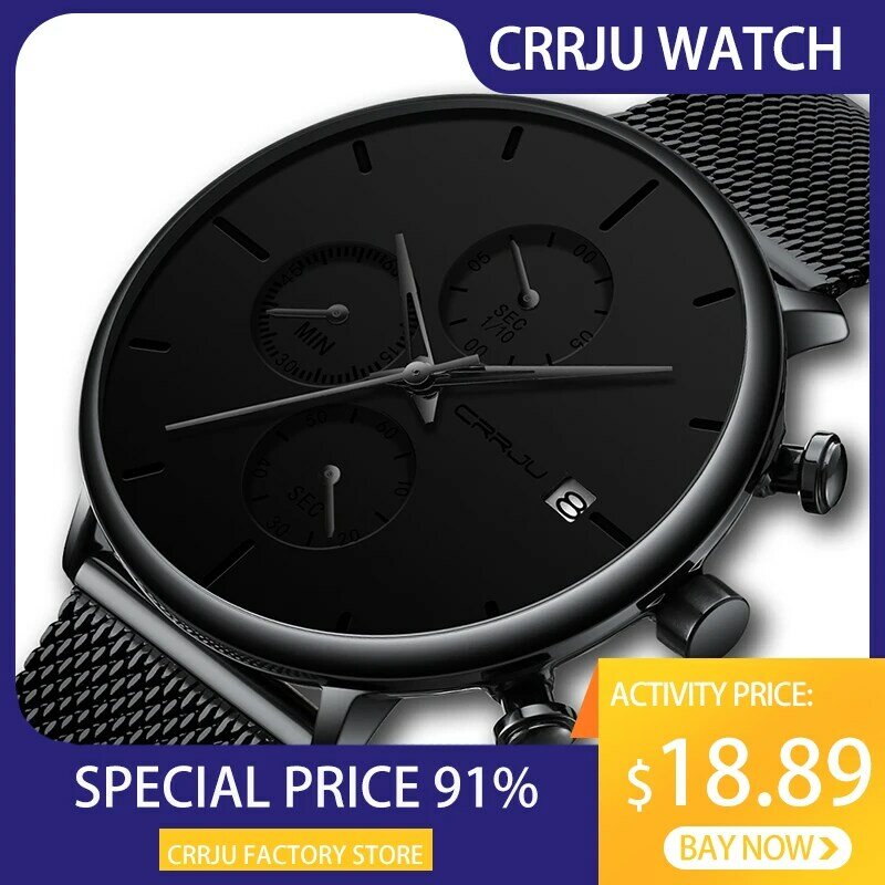 Luxury Brand CRRJU Men Watch 2020 New Minimalist Classic Multi-function Chronograph Waterproof Mesh Wristwatch with Date Display