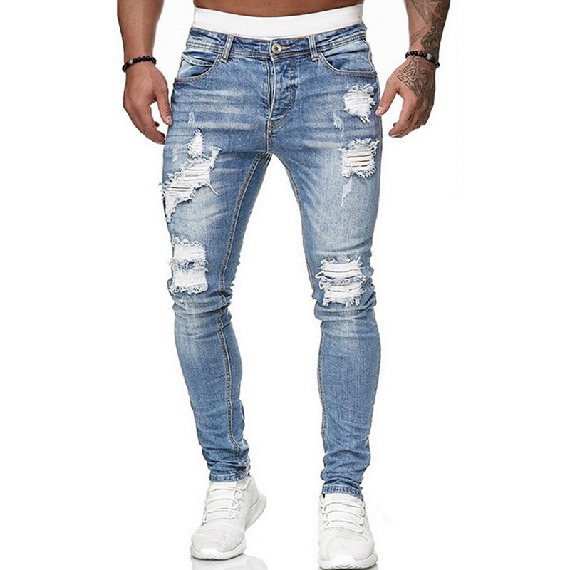 5 Стиль джинсы Для мужчин узкие джинсовые штаны мужские рваные брюки для девочек уличная мужские джинсы синего/серого цветов: узкие брюки Ра...