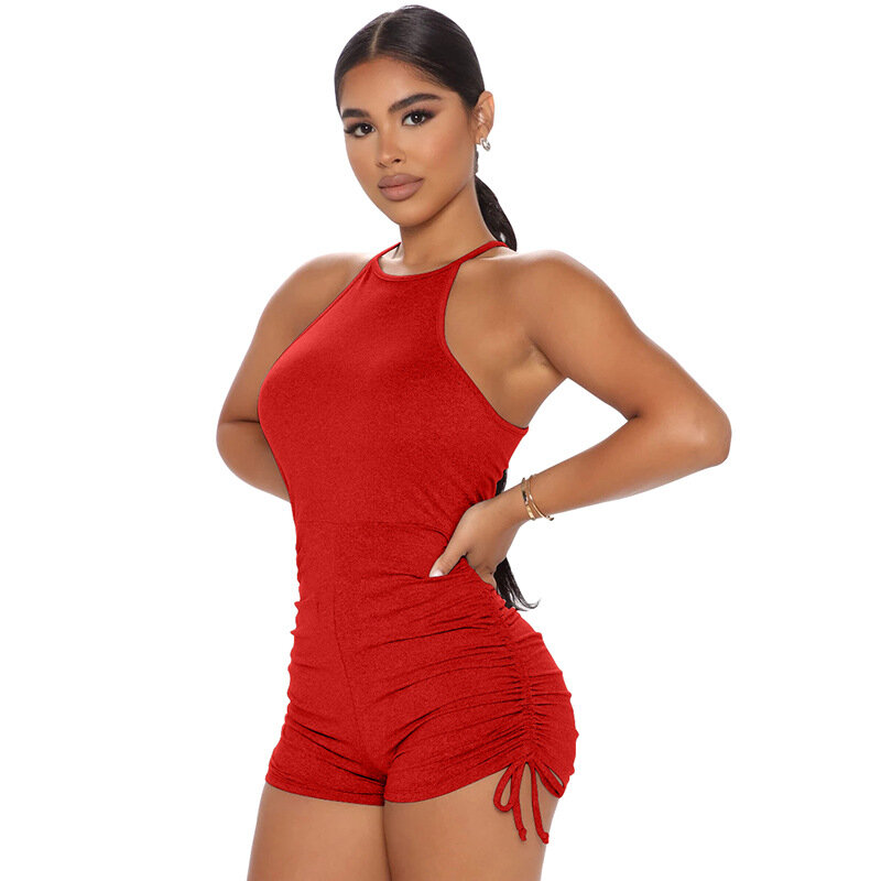 Off Shouler Fitness Women Playsuit Halter Sleeveless Side Bandage Pleated Biker Playsuit Night Club Party Rompers Casual Outfits