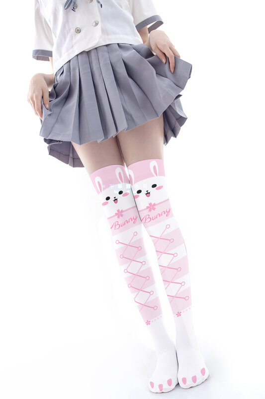 돌고래 토끼 동물 긴 귀여운 스타킹 무릎 위로 여자 섹시한 허벅지 스타킹 핑크 학교 소녀 로리타 코스프레 카와이