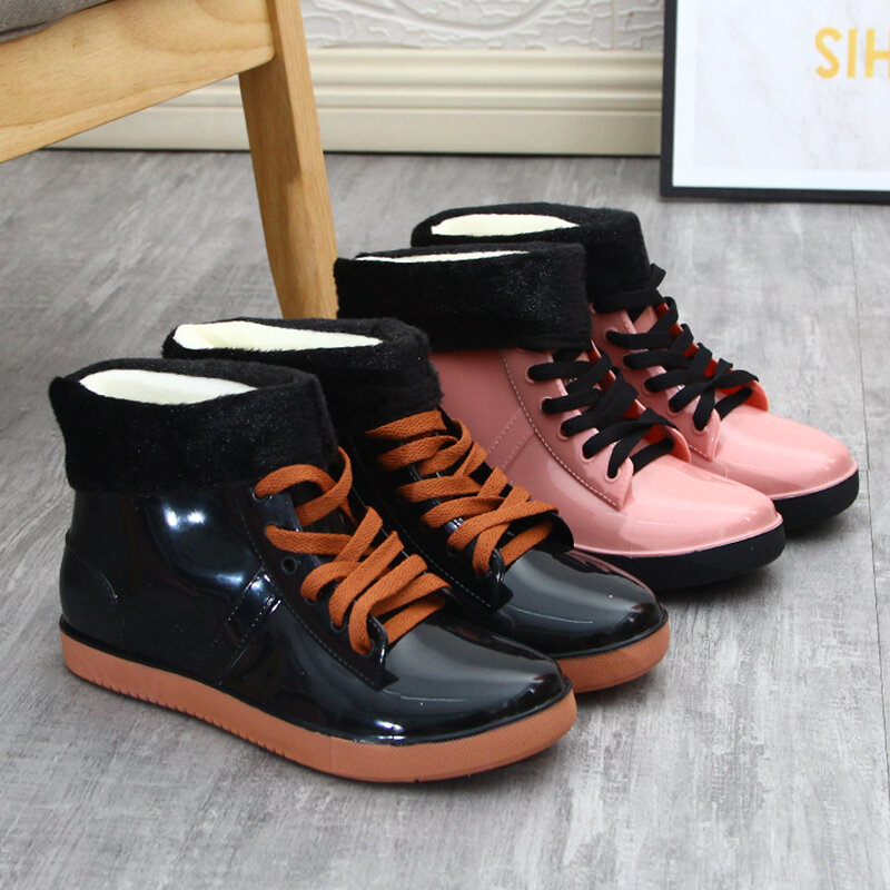 Non-Slip Rubber Boots For Women Korean Student Casual Water Rain Rubber Boots Shoes Plush Flat Heel Overshoes Waterproof