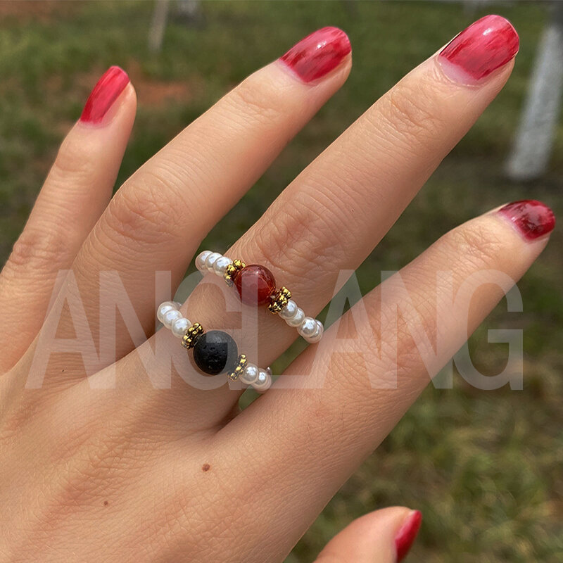 Natural Stone Crystal Carnelian Pearl Rings For Woman Handmade Round Bead Adjustable Ring Korean Fashion Accessories