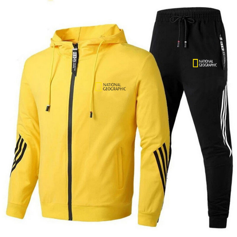 National Geographic Men Fitness Sets Zipper Hoodie+Pants 2 Pieces Casual Tracksuit Male Sportswear Gym Brand Clothing Sweat Suit