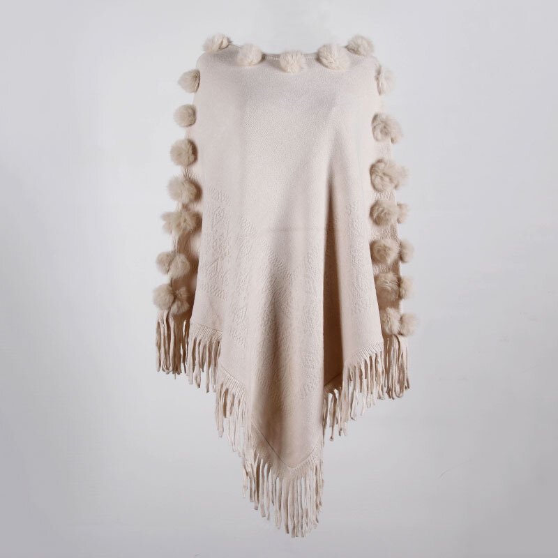 2021 Lady Knitted Poncho Autumn Winter Fashion Sweater with Tassels Casual Batwing Sleeves V Neck Solid Pullovers