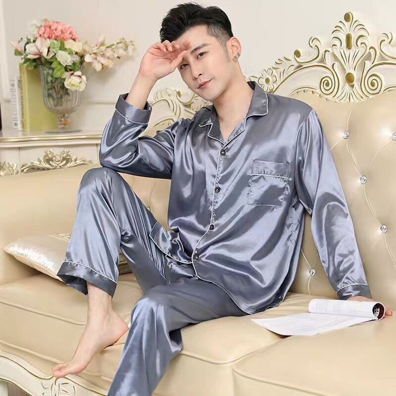 Conjunto de pijamas de cetim sólido verão manga longa outono homewear de seda homem pijamas terno casual dormir pijamas superiores masculinos