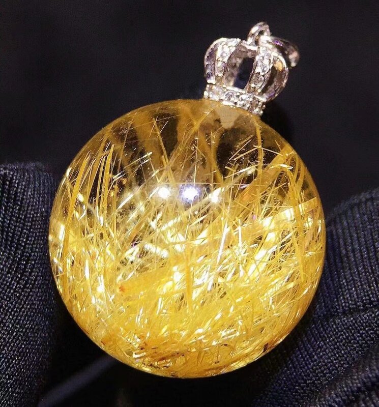 Natural Gold Rutilated Quartz Round Sphere Pendant 21mm Wealthy Crystal Rutilated Jewelry Women Men Brazil AAAAAA