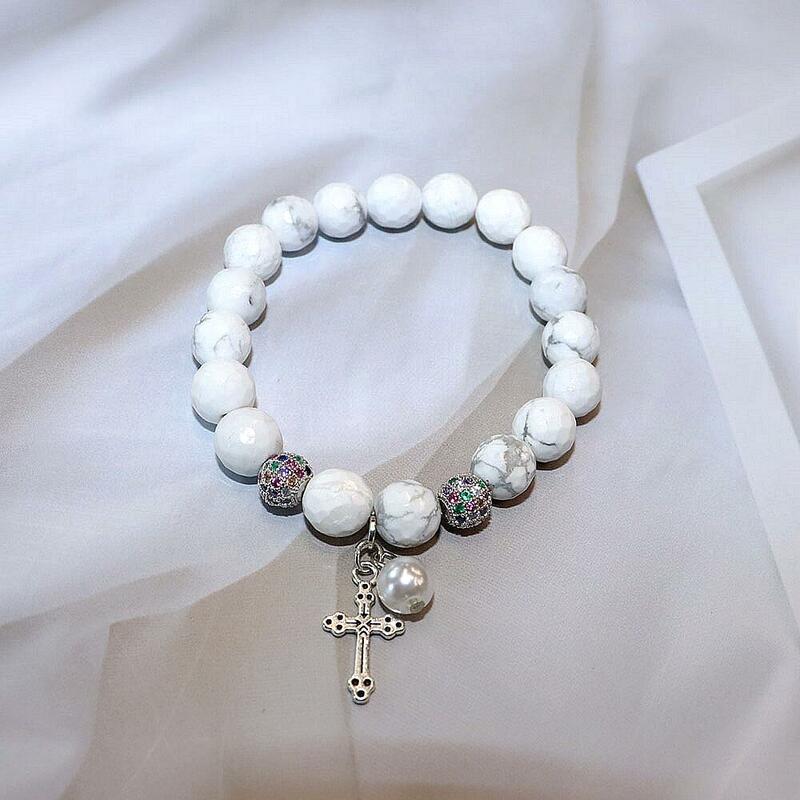 Gothic Turquoise Bead Natural Stone Bracelet for Christmas Gift Exquisite Freshwater Pearl Beads Cross Charm Pendant Bangle Hot