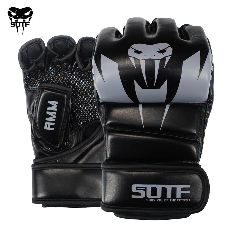 Дышащие перчатки для ММА, черные, с открытыми пальцами, для тренировок, с яростными боевыми тигром, Муай Тай, боксерские перчатки саньда для ...