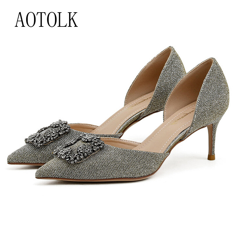 Sapato feminino salto alto 2 peças, calçado feminino colorido metal decorativo fashion casual bico fino 41