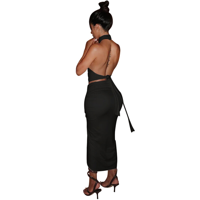Sexy Women's Two Pieces Set Turtleneck Backless Crop Tops Drawstrings Mid Calf Slit Skirt 2 Pieces Set Skinny Outfits Wholesale