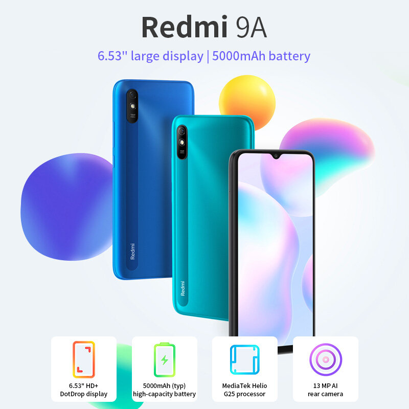 Redmi 9A Global Version 2GB + 32GB Xiaomi SmartPhone MTK Helio G25 Octa Core 13MP AI Camera 6.53 "HD + Display 5000mAh