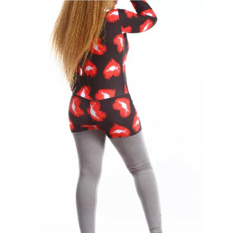ผู้หญิงแขนยาวพิมพ์Homewear One-Piece JumpsuitชุดนอนชุดนอนสำหรับสตรีลึกVคอฤดูใบไม้ผลิฤดูใบไม้ร่วงRomper