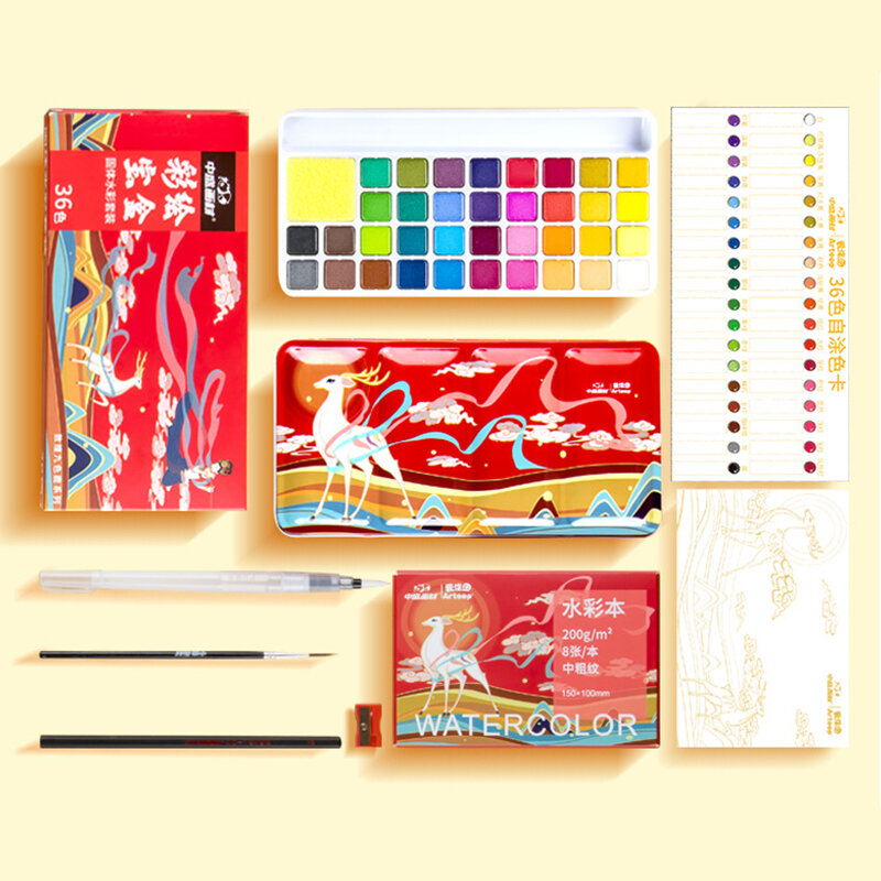 Conjunto portátil de tinta aquarela sólida com 36 cores, 8 peças, conjunto de pigmentos com paleta de caixa de metal, pincel de tinta, lápis de papel, materiais de arte