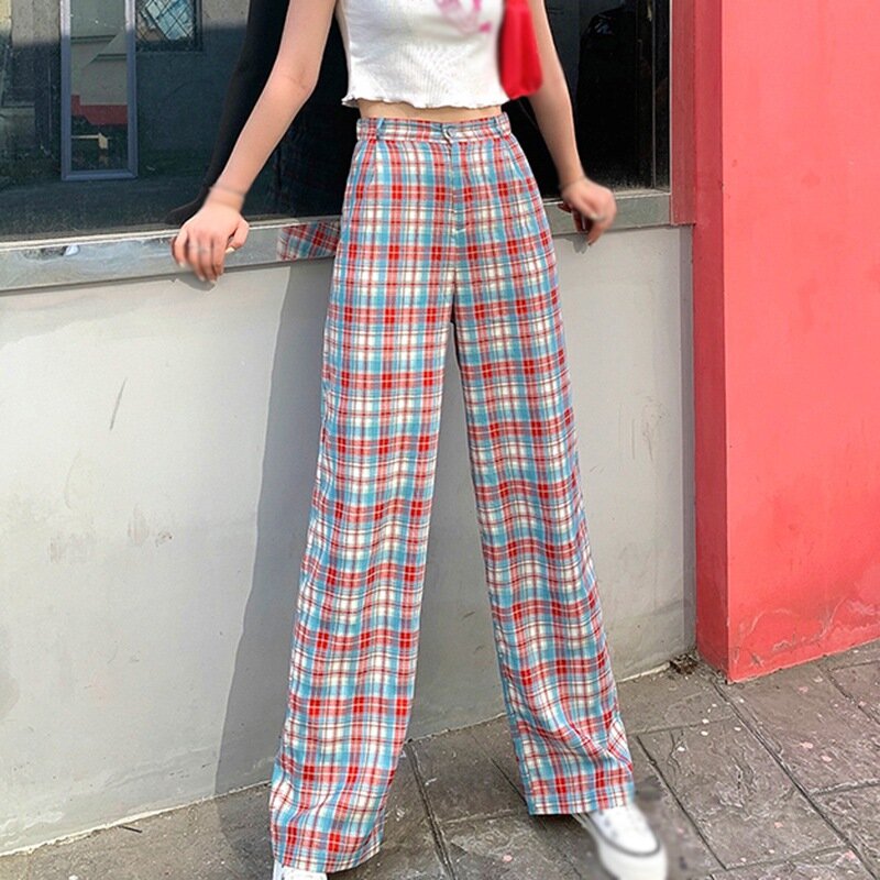 새로운 캐주얼 바지 여성 격자 무늬 스트레이트 느슨한 한국 스타일 빈티지 학생 세련된 프레피 스트리트웨어 십대 패션 Ins BF, 2021
