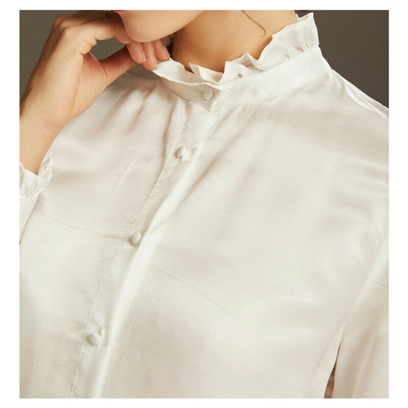 Silviye-قميص قطني بياقة واقفة للنساء ، بلوزة حريرية بيضاء بأكمام طويلة ، بلوزة ربيعية 2020