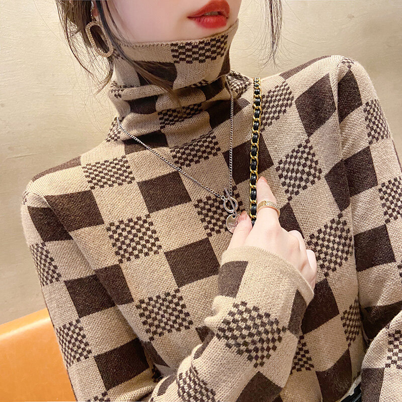 Xadrez outono inverno gola alta blusas femininas elegante magro pullovers de malha casual engrossar esticado camisola jumpers