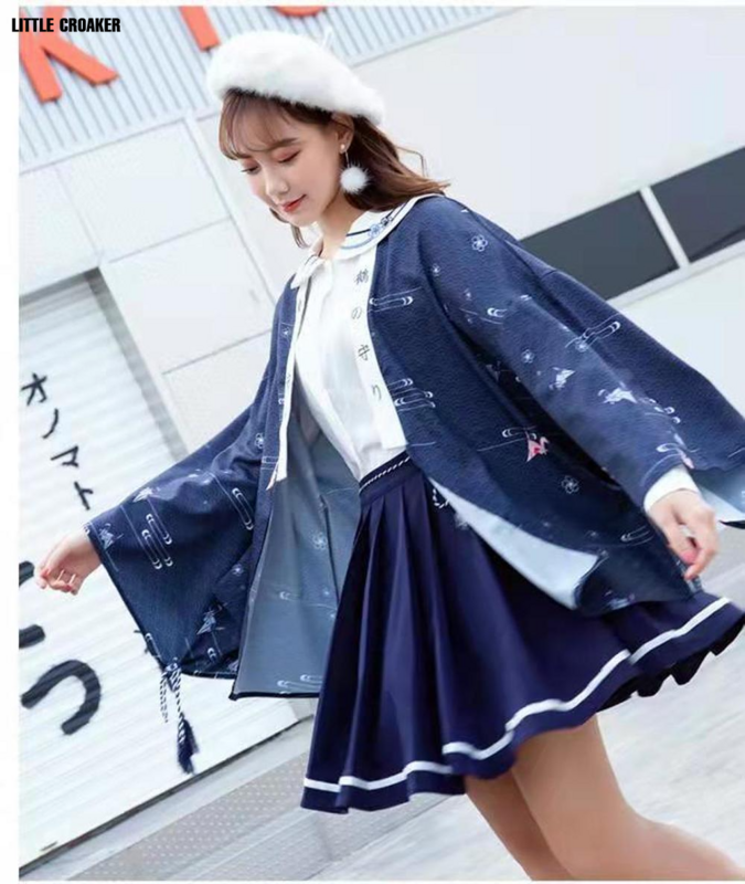 카와이 빈티지 의류 일본 패션 일본 기모노 여성용 여성 기모노 자켓 플러스 사이즈 셔츠와 플리츠 스커트