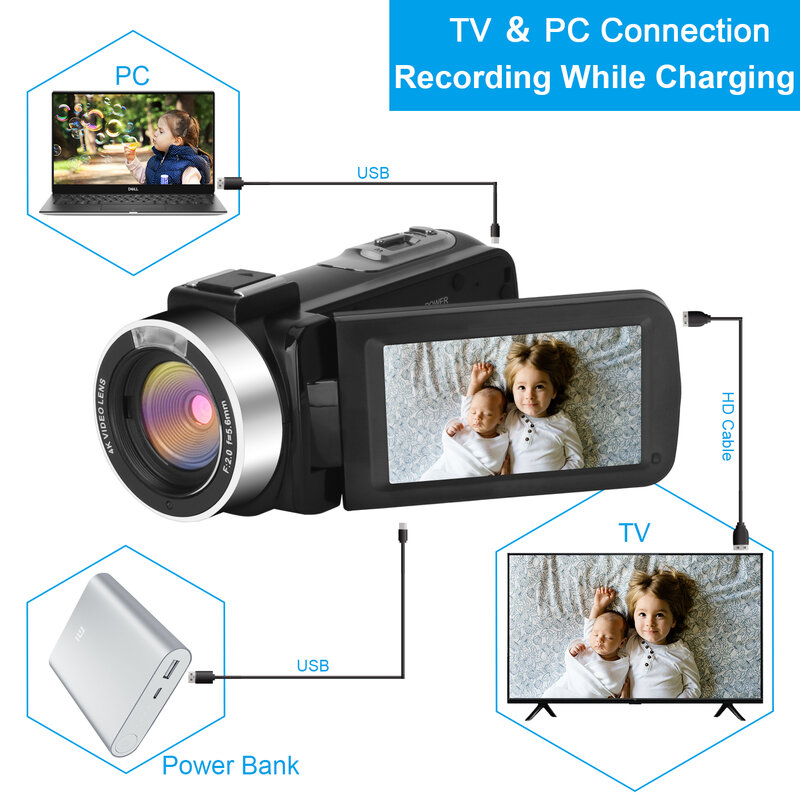 Câmera de vídeo 4k com capuz, suporte para lente, zoom, vlogging, filmadora com visão noturna, fotografia, wi-fi
