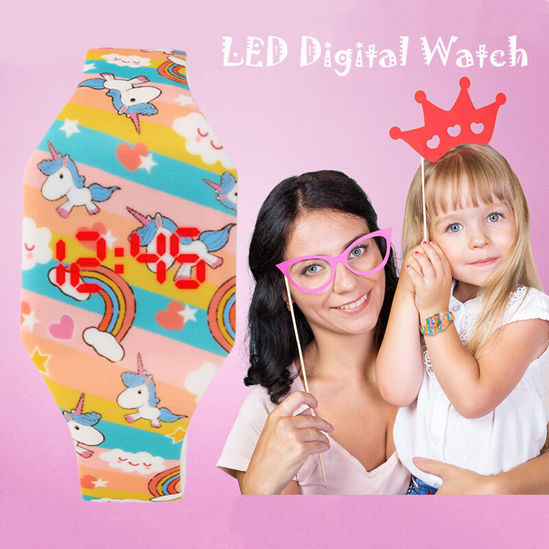 Relógio de pulso de unicórnio infantil, relógio de pulso de quartzo com desenho animado para meninas, presente para estudantes, visor digital de led