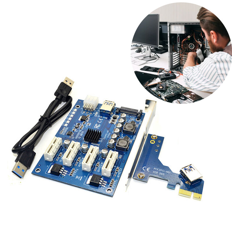 1 Set PCI-E X1 To 4PCI-E X16 Expansion Kit 1 To 4 Port PCI Express Switch Multiplier HUB 6 Pin Sata USB Riser Card Mining Miner