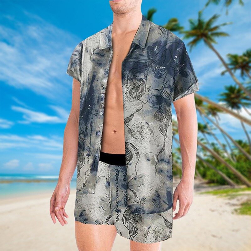 男性ハワイセット2021夏印刷半袖ボタンシャツ + ビーチショーツ砂浜ツーピースカジュアルメンズスーツ