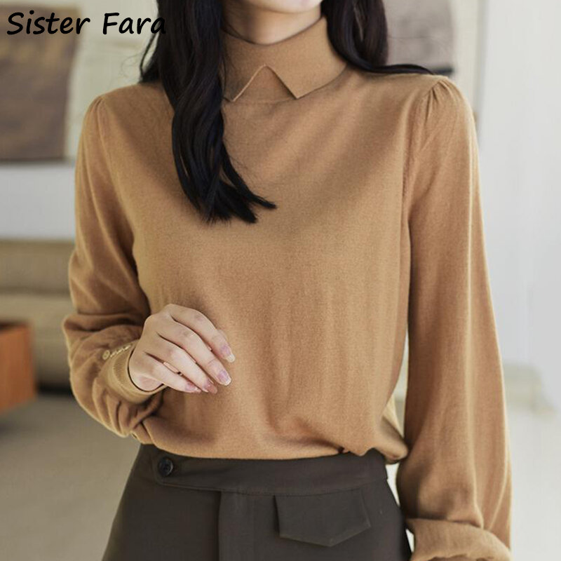 Sister Fara Spring Autumn 100%Cotton Knit Sweater Women Elegant Lapel Neck Lantern Sleeve Sweaters Female Solid Pullover Sweater