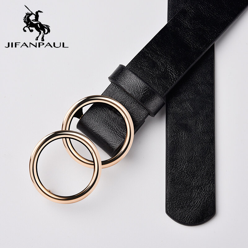 JIFANPAUL-Cinturón de cuero genuino para mujer, hebilla de doble anillo de aleación, ajustable, retro, punk, para vestido, jeans, cinturones para estudiantes