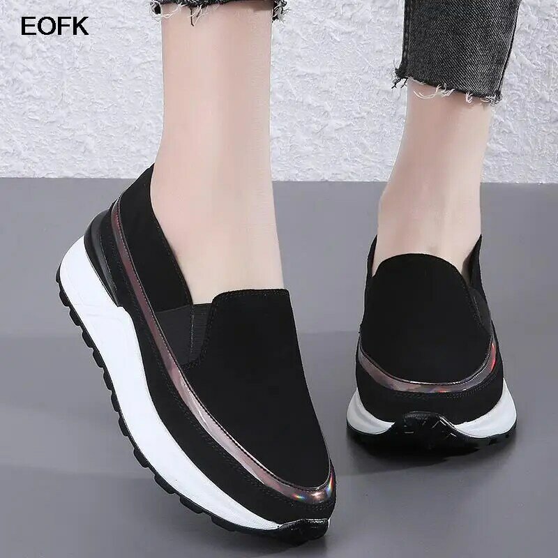 Eofk-女性用本革モカシン,厚底靴,カジュアル,滑り止め