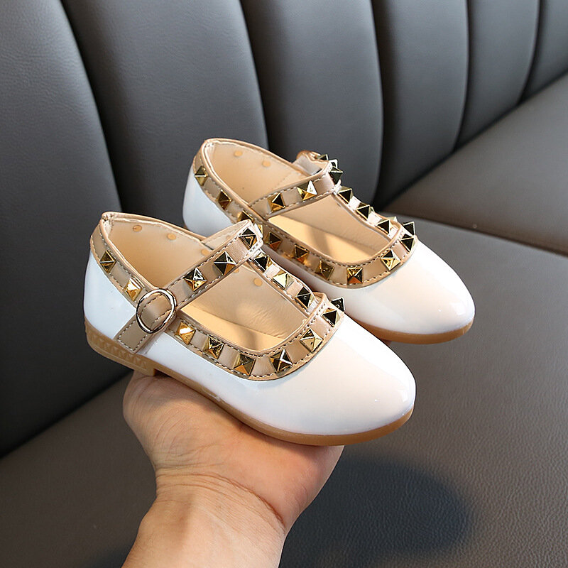 Meninas sapatos rivest sapatos de couro para a menina grande princesa sapatos de noiva branco crianças apartamentos sapatos de dança do bebê para crianças