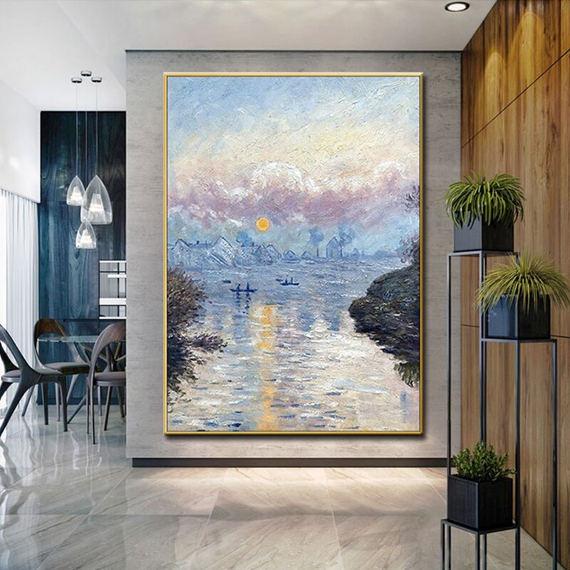 ภาพวาดสีน้ำมันมือทาสีบนผ้าใบสำเนา Monet Sunrise Monet ภาพวาดที่มีชื่อเสียง Living Room Wall Art ตกแต่งภาพวาดไม่มีก...
