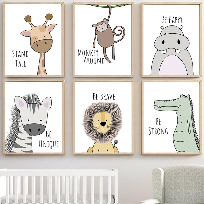 Imagem decorativa de animais fofos de desenho animado, arte de parede para crianças para quarto das crianças