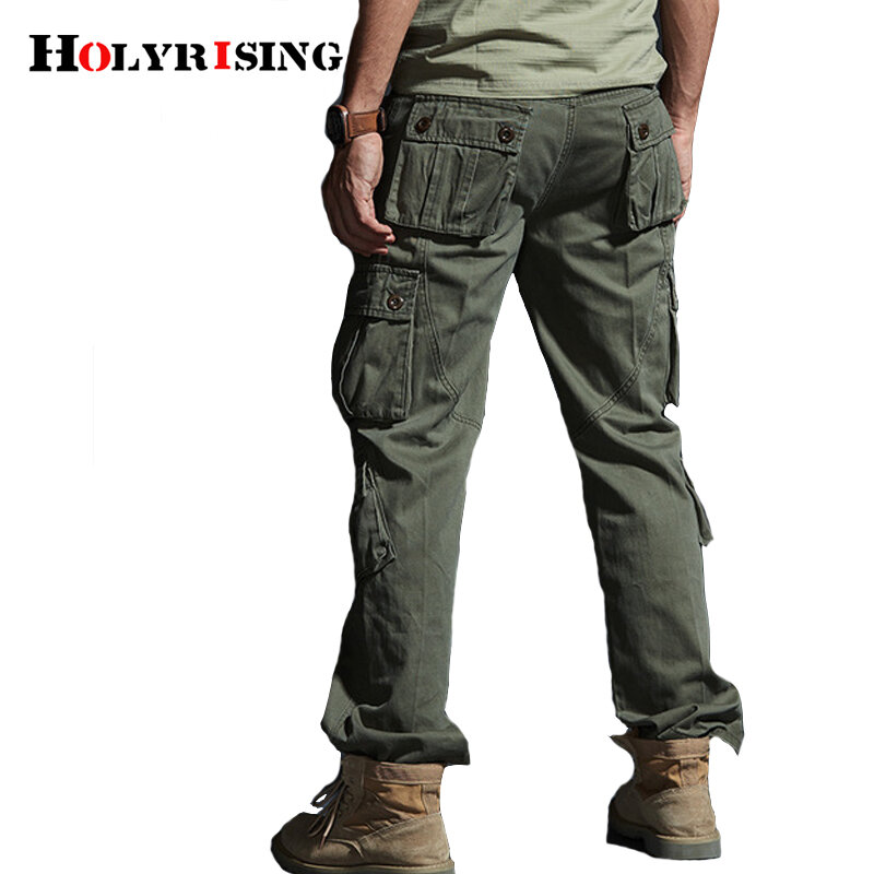Holyrising caqui calças casuais dos homens militar tático camuflagem calças de carga multi-bolso fashions 100% algodão 19154