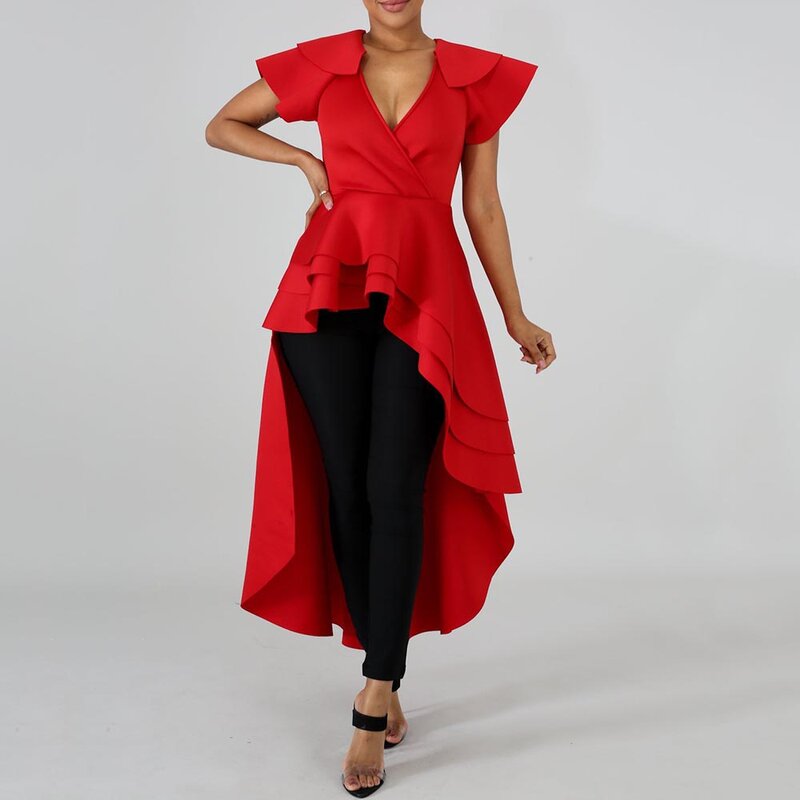 African Women Red Long Ruffles Blouse Irregular High Low Ladies Fashion Summer Tops And Blouses Falbala Asymmetric 2020 Female