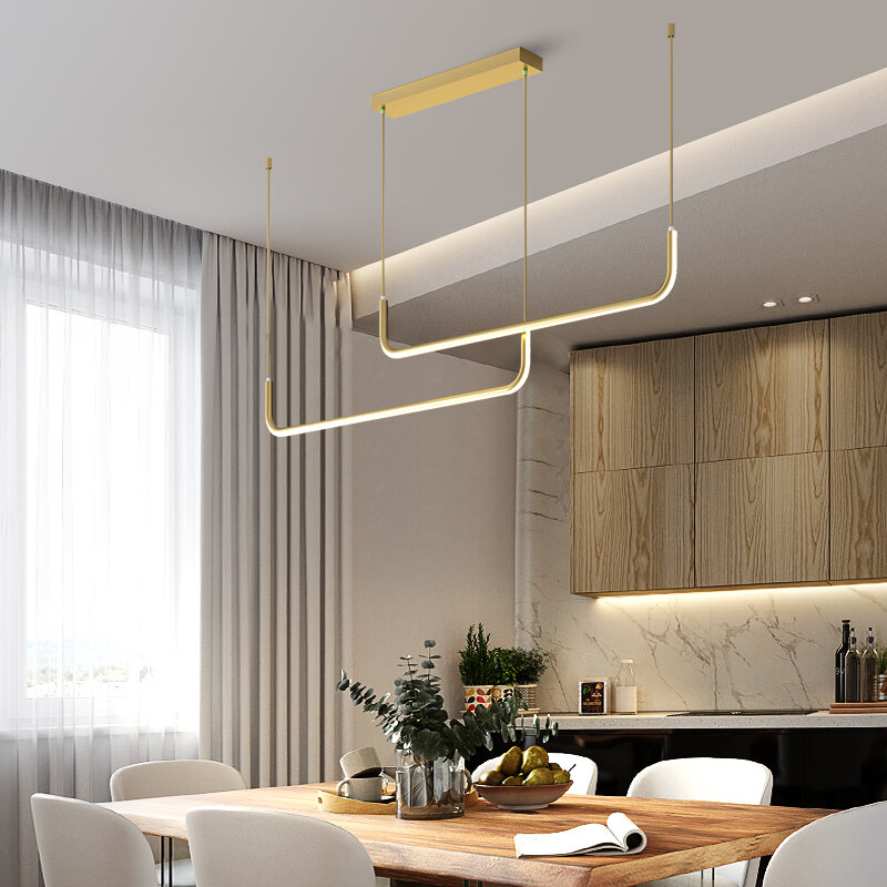 Modern Led Line Pendant Lamp for Dining Room Kitchen Island Minimalist Design Indoor Black Hanging Chandelier Lighting Fixture
