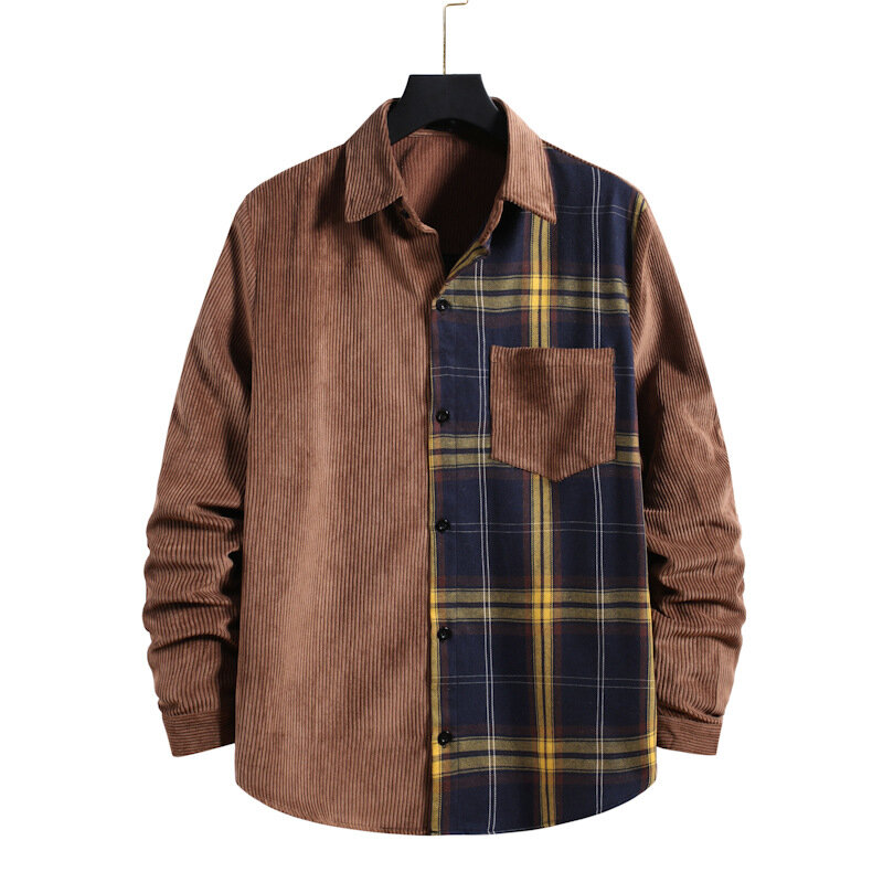 Herbst Männer Patchwork Plaid Kleid Hemd 2021 Mode Cord Lange Sleeve Button Down Shirts Harajuku streetwear
