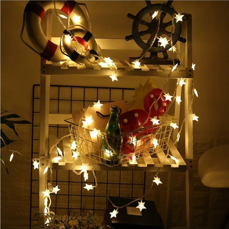 Cadena de luces led con forma de estrella, luces intermitentes, gypsophila, cadena de luces de estrella de cinco puntas, decoración de árbol de Navidad para habitación, nuevas