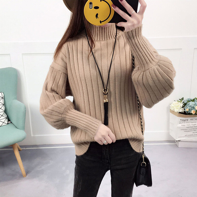 QRWR 2020 Autumn Winter Sweater Women Fashion Casual Solid Color Long Sleeve Pullover Sweater Elegant Lantern Sleeve Turtleneck