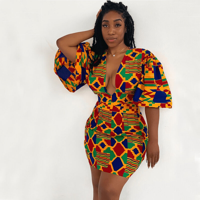 BUSHRA African Hip Dresses 2021 New Fashion Summer V-neck Short Flared Sleeve Printed Women Sexy Party Indonesia Clothes