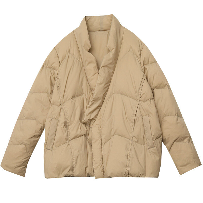เป็ดสีขาวลงเสื้อแจ็คเก็ต2021ฤดูหนาวใหม่ V คอสีทึบบางสีหลวมเสื้อวรรณกรรมที่เรียบง่าย Retro หญิง