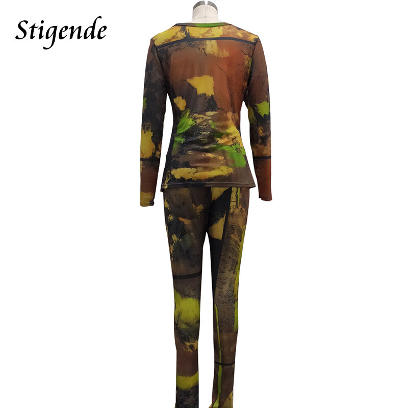 Stigende Tie Dye Print Two Piece Mesh Outfits Women See Through Party 2 Peice Sets Long Sleeve Top and Pencil Pants Club Wear