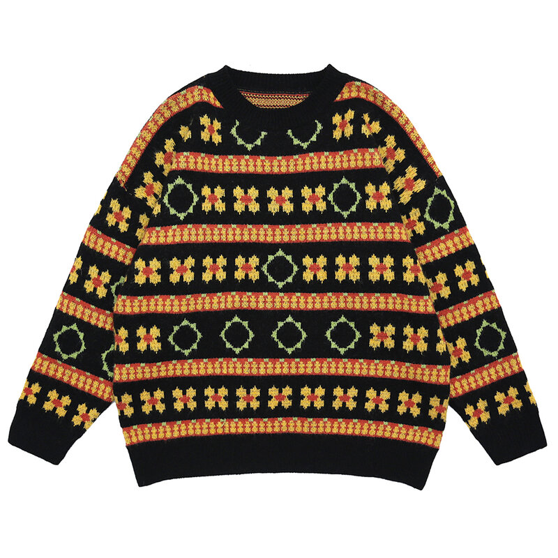 Свитер в стиле хип-хопа, пуловеры, вязаная уличная одежда в стиле Харадзюку, хлопковый свитер с круглым вырезом и цветочным принтом, Осень-зи...