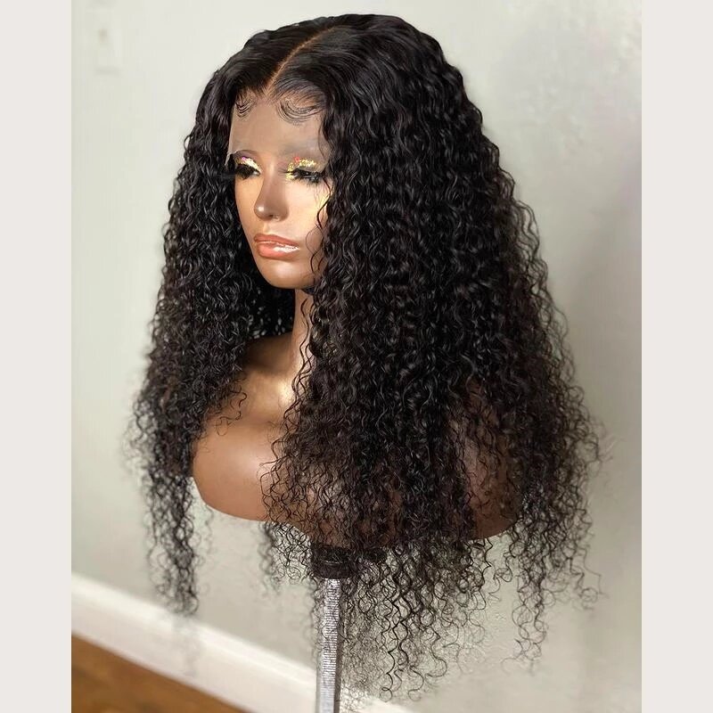 180% Плотность длинный кудрявый синтетический кружевной передний парик для черных женщин предварительно выщипанный с естественной линией в...