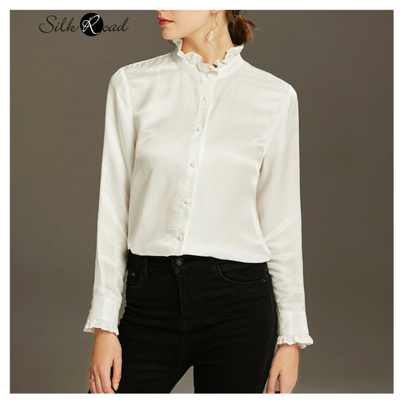 Silviye 스탠드 칼라 실크 코튼 화이트 셔츠 여성용 실크 패션 긴 소매 westernized top 2020 spring blouse