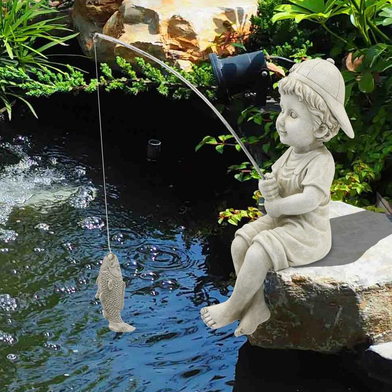 Goodeco Little Fishing Boy Garden Statue Outdoor Decal Fisher Girl Figurine  Decor Fisherman Sculpture Home Yard Pool Ornament / การ์เด้น วัสดุ