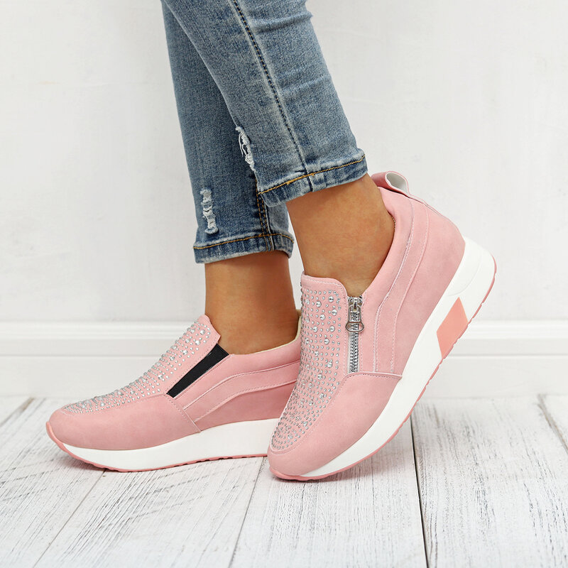 Sneakers Puimentiua Sepatu Wanita 2019 Sneakers Wanita Tinggi Hitam Putih Merah Muda untuk Wanita Sneakers Wanita Olahraga Luar Ruangan Berlian Imitasi Baru